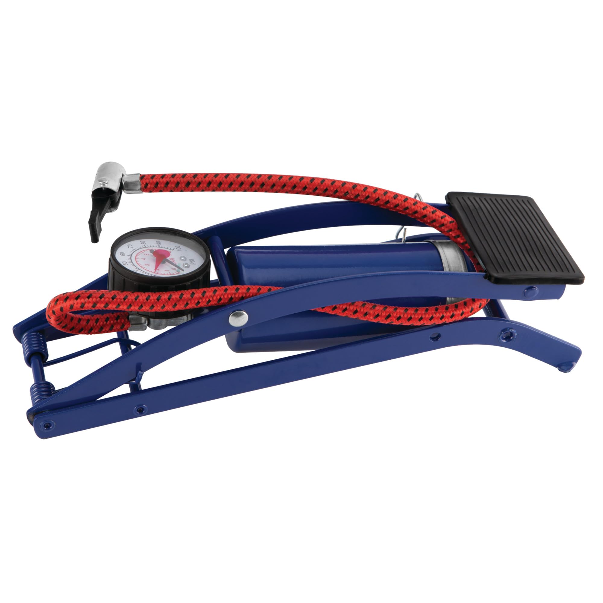 Foot Pump Performance Tool W1638DB for Bike Tires and Sports Equipment with Air Pressure Gauge, Braided Hose, and Needle Valve with Adaptors, 100 P.S.I Capacity, Blue