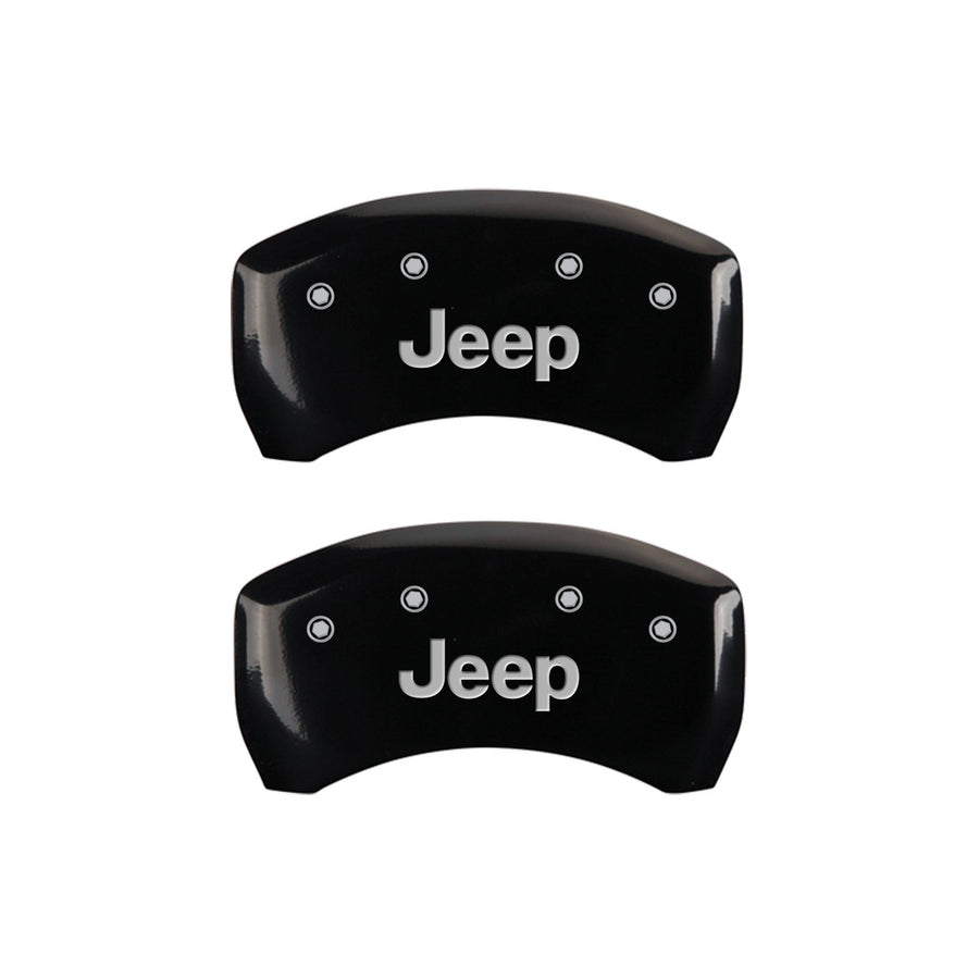 Caliper Covers MGP 42016SJEPBK Black Powder Coat Finish Front and Rear Caliper Cover, Set of 4 (JEEP Silver Characters, Engraved)