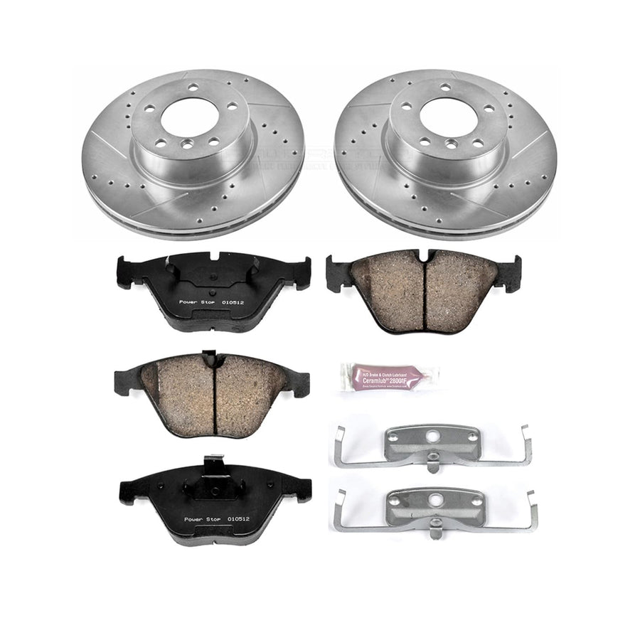 Power Stop K4678 Z23 Carbon Fiber Brake Pads Front with Drilled & Slotted Brake Rotors Kit and 1 Front Sensor Wire For BMW 328i xDrive 2009-2010, BMW 328xi 2008 [Model Specific]