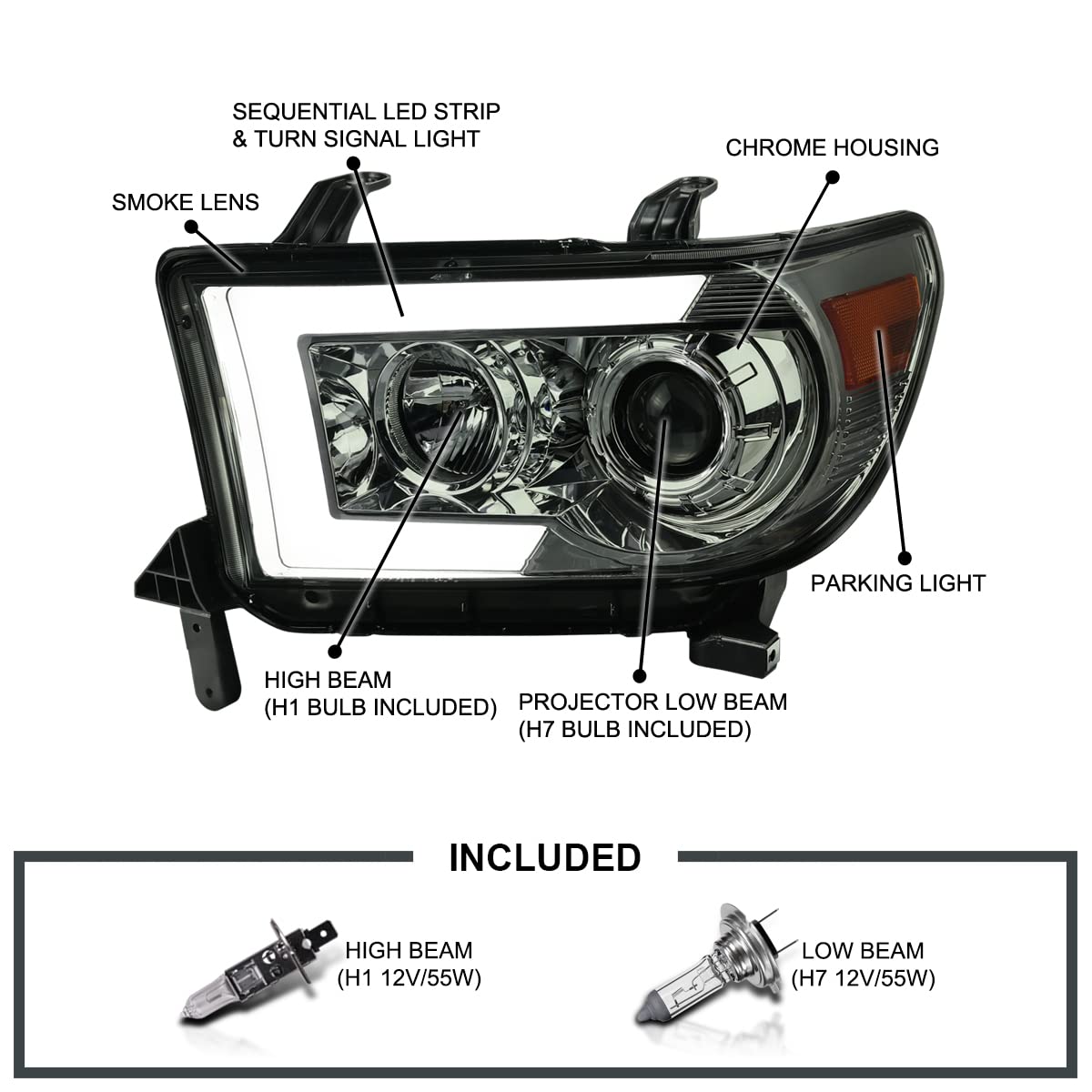 Spec-D Tuning Projector Smoke Headlights w/Switchback Sequential LED Turn Signal Compatible with 2007-2013 Toyota Tundra, 2008-2017 Toyota Sequoia, Left + Right Pair Headlamps Assembly