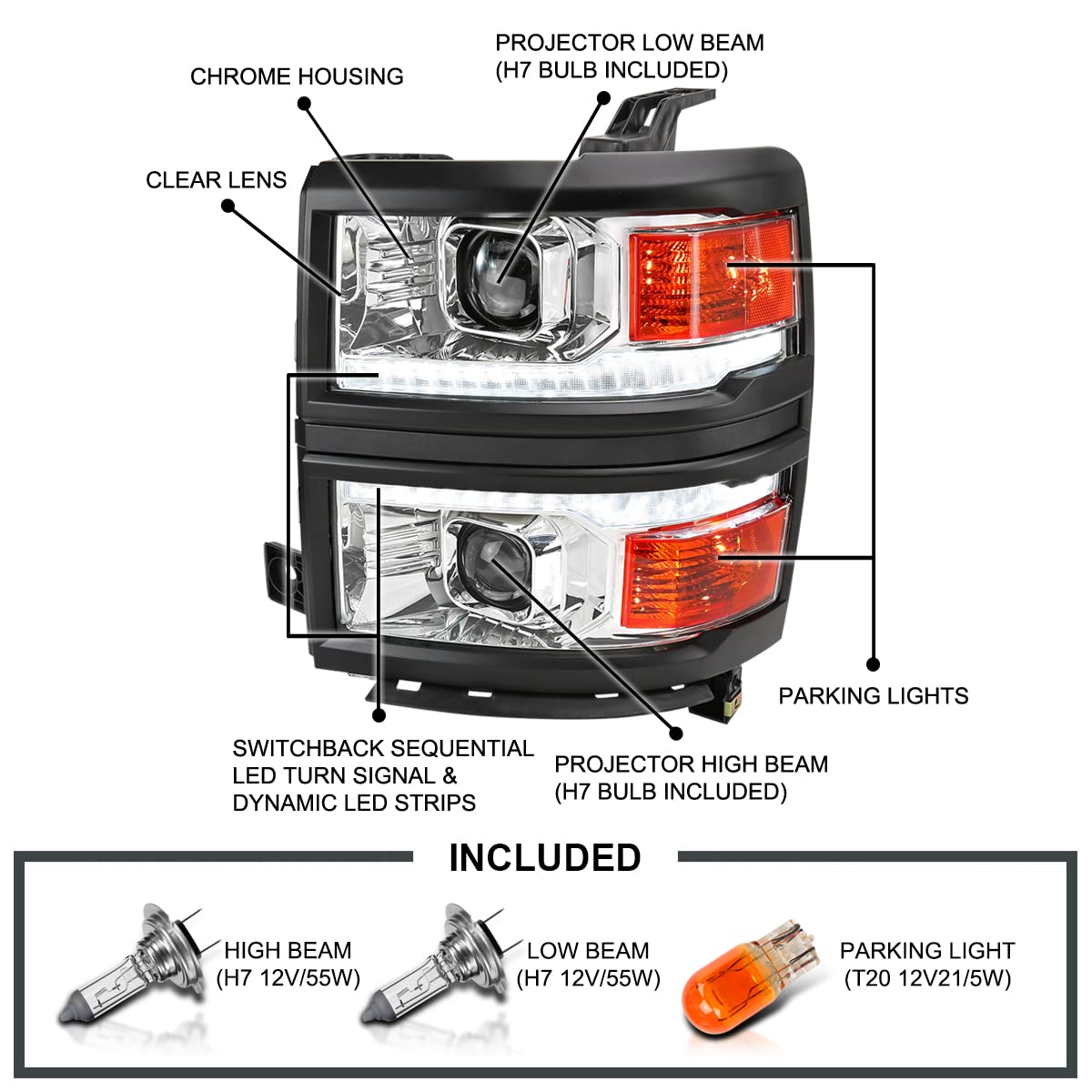 Chrome w/Black Trim SPEC-D TUNING Projector Headlights w/Sequential Switchback LED Strip and Startup Animation Compatible with 2014-2015 Chevy Silverado 1500, Left + Right Pair Headlamps Assembly