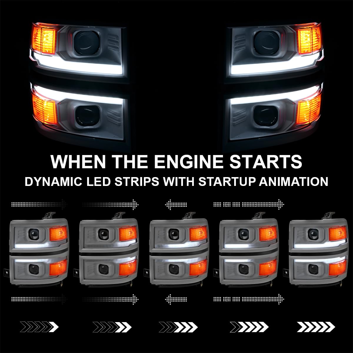 Special Edition SPEC-D TUNING Arctic White Projector Headlights w/Sequential Switchback LED Strip and Startup Animation Compatible with 2014-2015 Chevy Silverado 1500, Left + Right Pair Headlamps