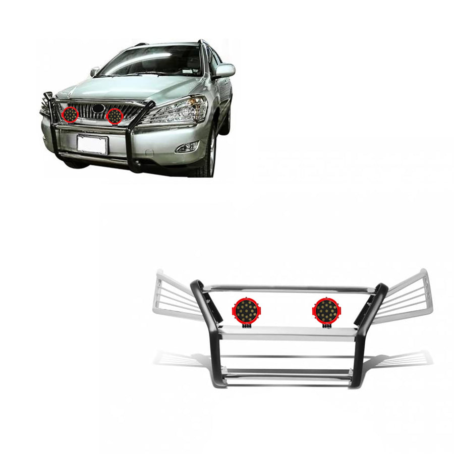 Bumper Guard Modular Black Horse Grille Stainless Steel Come With pair of 7.0"Dia.LED Lights with Red Trim Rings Compatible with 2004-2006 Lexus RX330|2007-2009 Lexus RX350-17G80330MSS-PLR