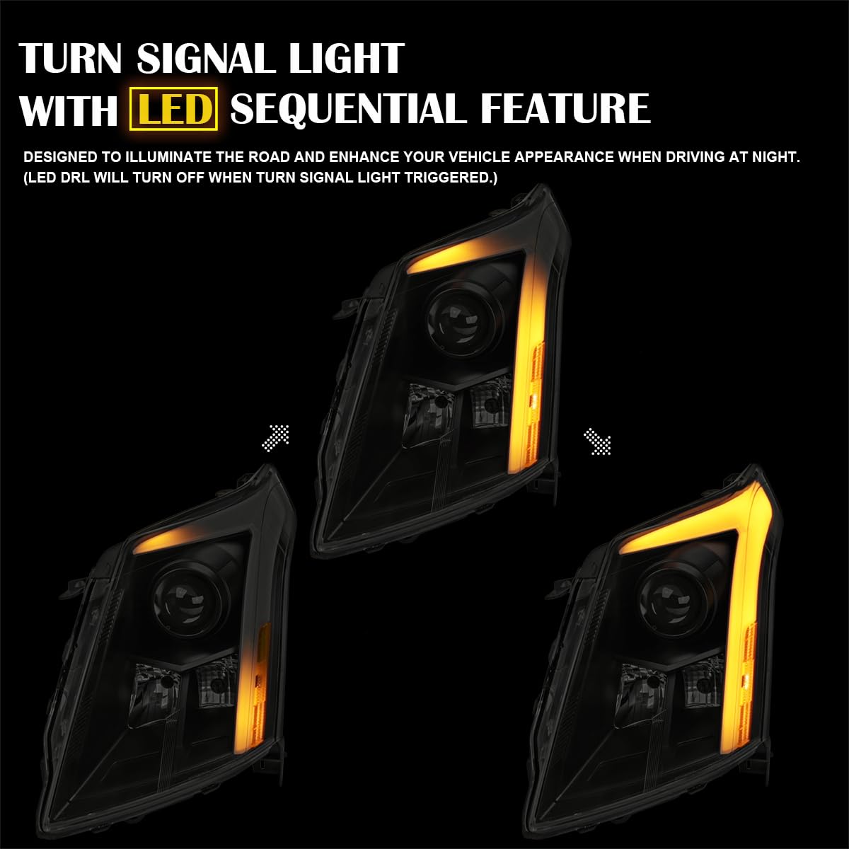Black Smoke SPEC-D TUNING Sequential Projector Headlights w/LED DRL Light Bar and Startup Animation Compatible with 2010-2016 Cadillac SRX, Left + Right Head Lamps Assembly