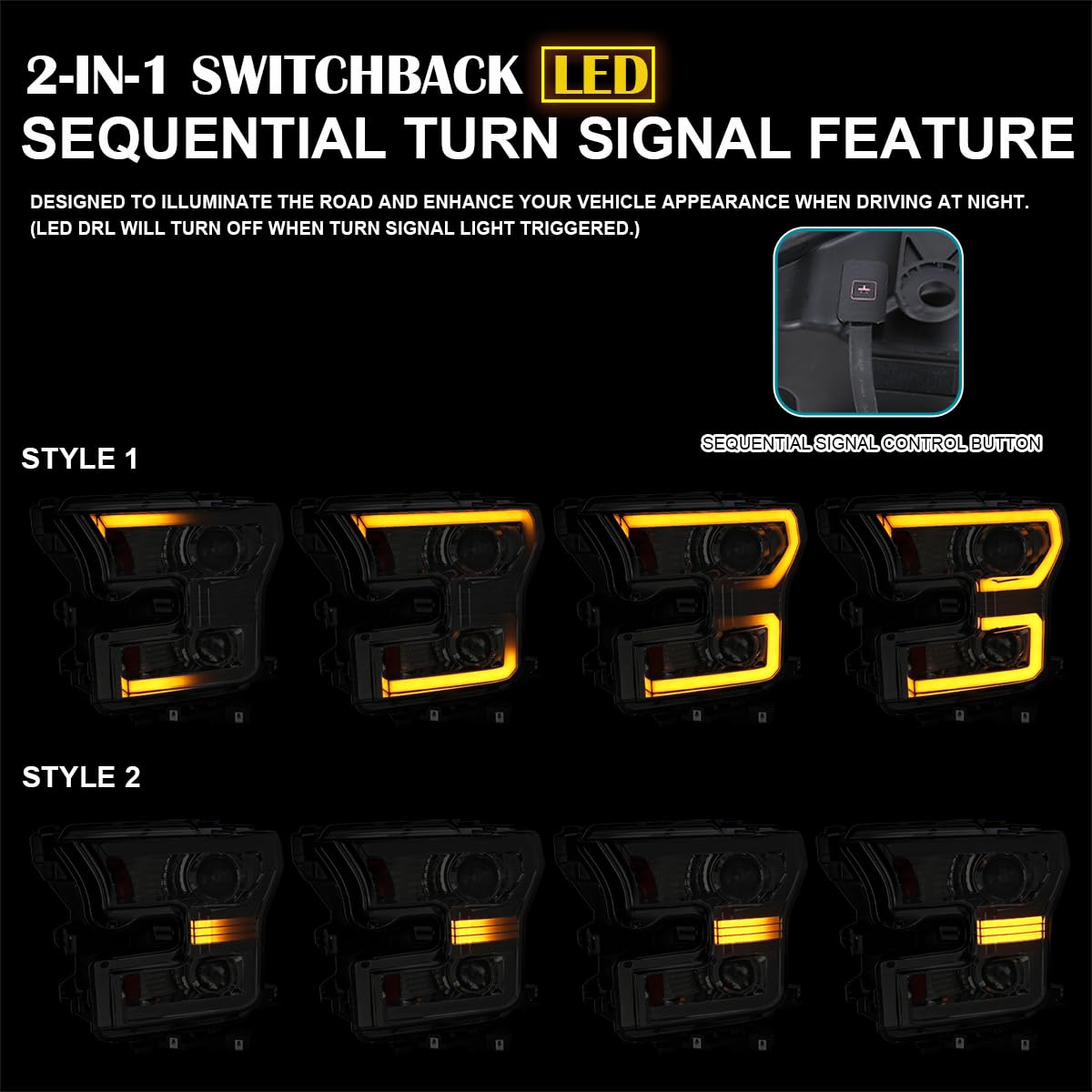 Dual Projector Headlights SPEC-D TUNING w/Switchback Sequential LED Tube Signal Compatible with 2015-2017 Ford F150 Left + Right Pair Headlamps Assembly