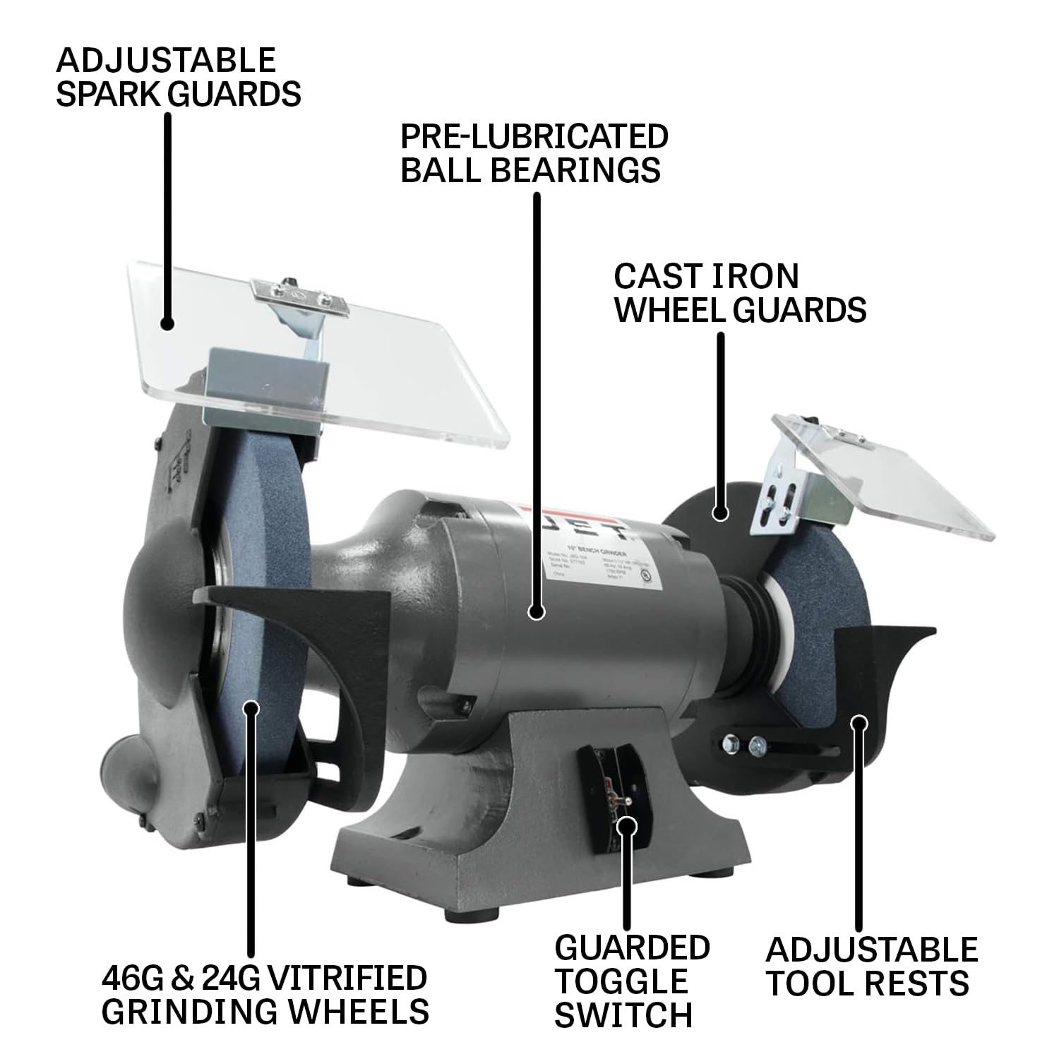 JET 10-Inch Grinder Bench, 1750 RPM, 1 HP, 120V 1Ph (Model JBG-10)