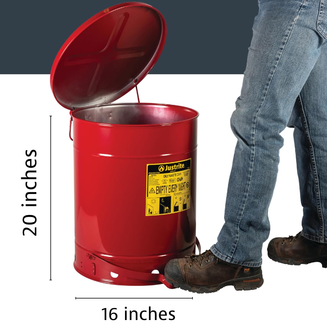 14 Gallon Justrite Galvanized Steel Oily Waste Can, 20" x 16" Metal Oil Rag Safety Can with Foot Operated Self-Closing Lid for Oil Rag Disposal, Made in The USA, Red, 09500