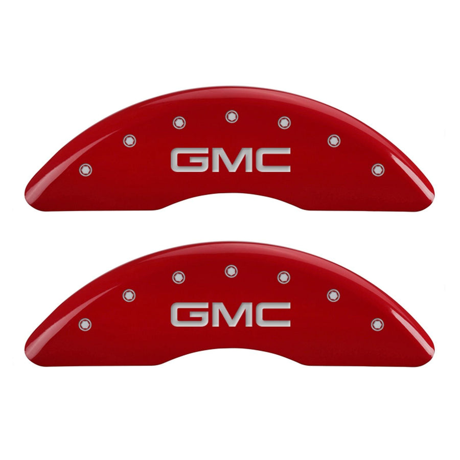 MGP Caliper Covers Red Powder Coat Finish 34210SGMCRD Front and Rear Caliper Cover, Set of 4 (GMC Silver Characters, Engraved)