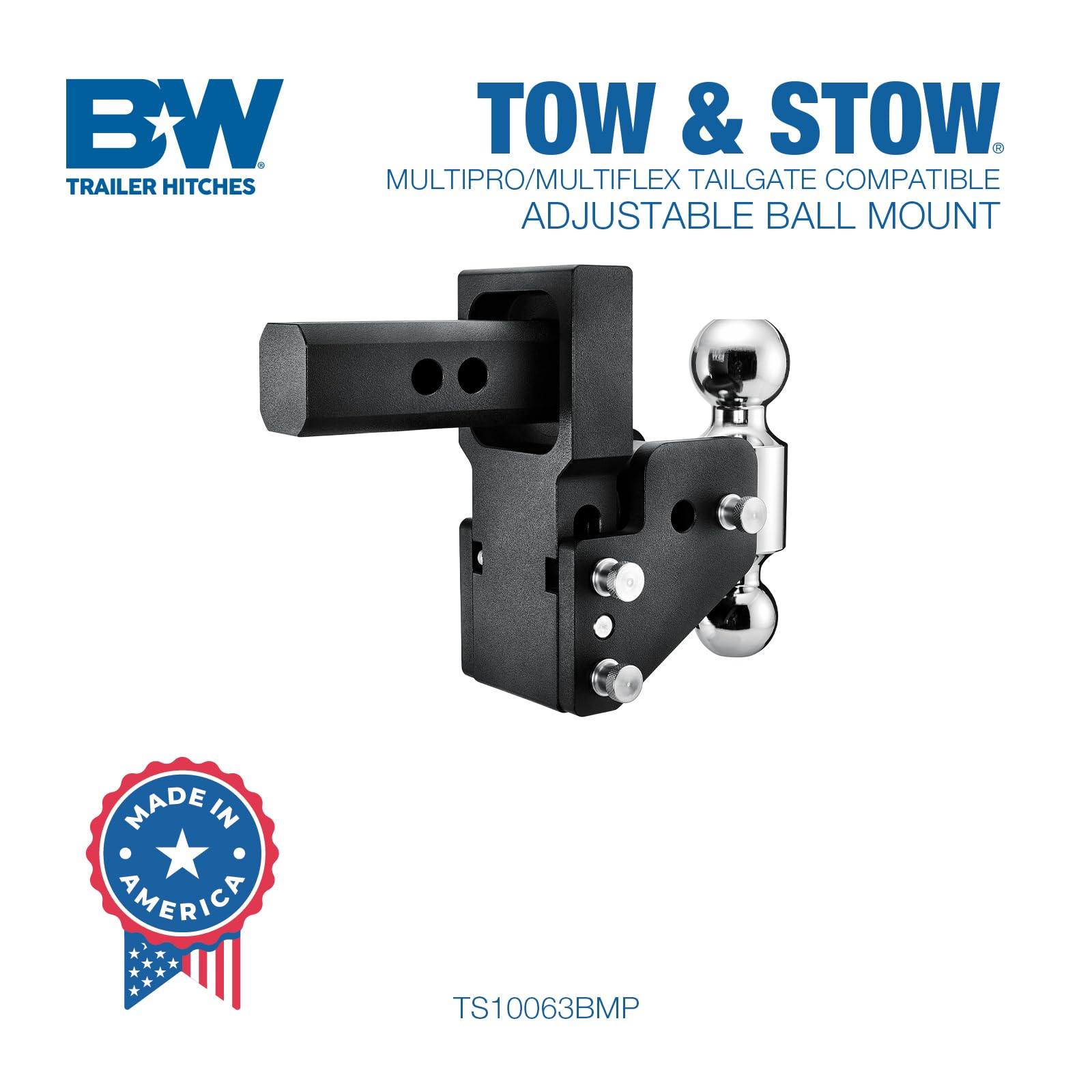 MultiPro Tow & Stow B&W Trailer Hitches Adjustable Trailer Hitch Ball Mount Compatible with MultiPro Tailgate - Fits 2" Receiver, Dual Ball (2" x 2-5/16"), 2.5" Drop, 10,000 GTW -TS10063BMP