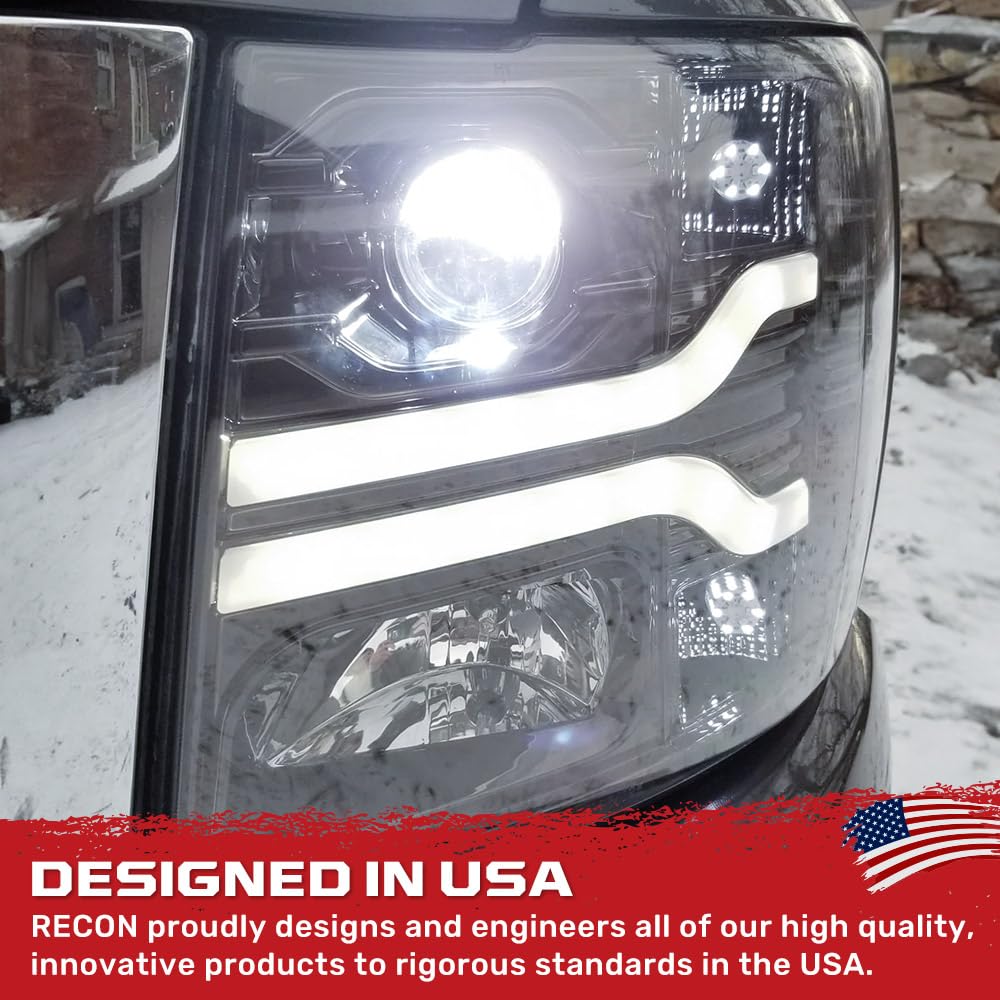 Fits Chevy 2007-2013 Silverado 1500/2500/3500 RECON Projector Headlights OLED Halos & DRL - Smoked Lens (SMOKED)