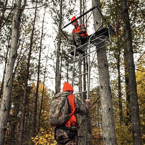 Relax 2-Man LS Ladder Stand, Rivers Edge, 16’10” Height, Lockdown Strapping System, Large Platform, TearTuff Mesh Seat, Flip-Back Shooting Rail, RE673