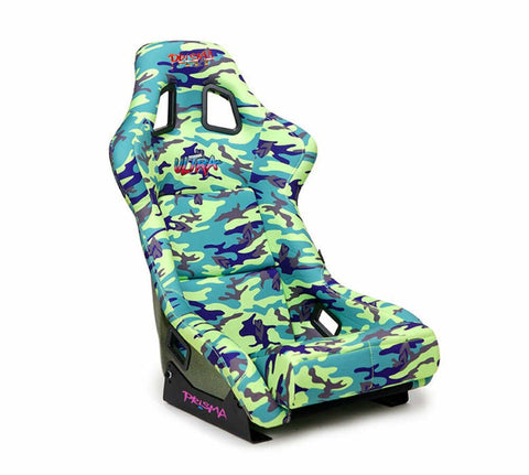 NRG Innovations Prisma NRG-FRP-302-GIJ Fixed Back Bucket Seat wBottom Mount,Green Camo Print Fabric/Green Sparkle Back