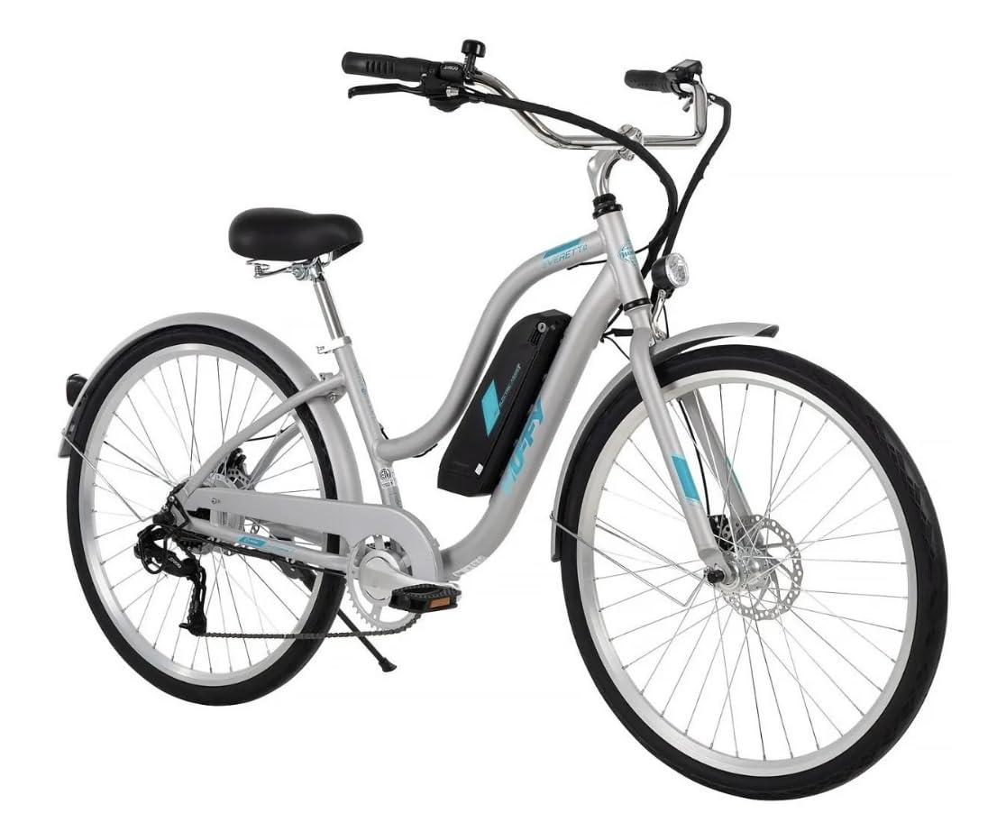 27.5” Huffy Everett + Electric Comfort Bike for Women, Aluminum Frame, Silver, Pedal Assist up to 20 mph