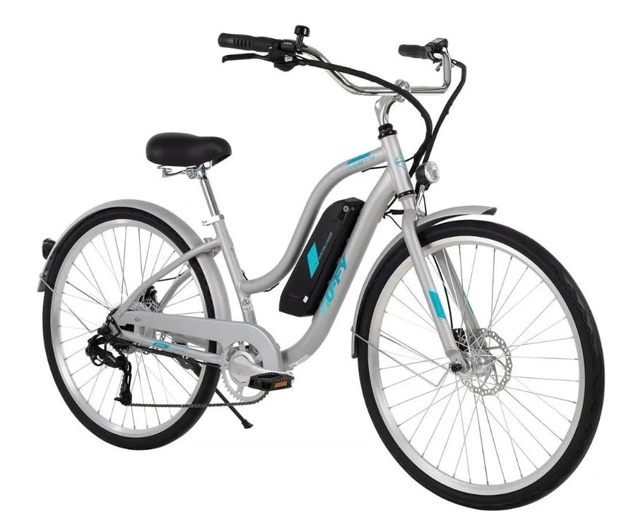 27.5” Huffy Everett + Electric Comfort Bike for Women, Aluminum Frame, Silver, Pedal Assist up to 20 mph