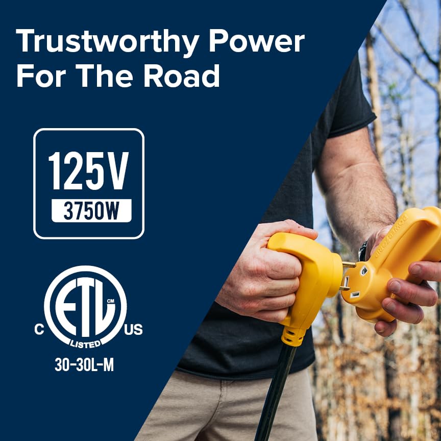 Power Grip Camco 25-Ft 30 Amp RV Extension Cord w/Locking End - Rated for 125V / 3,750W - Features Threaded Locking Ring for Weatherproof Connection & RV Power Cord 90° Head (55501)
