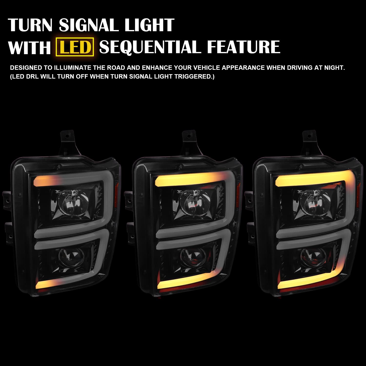 Jet Black SPEC-D TUNING Sequential Switchback Projector Headlights Compatible with 2008-2010 Ford F-250, F-350, F-450
