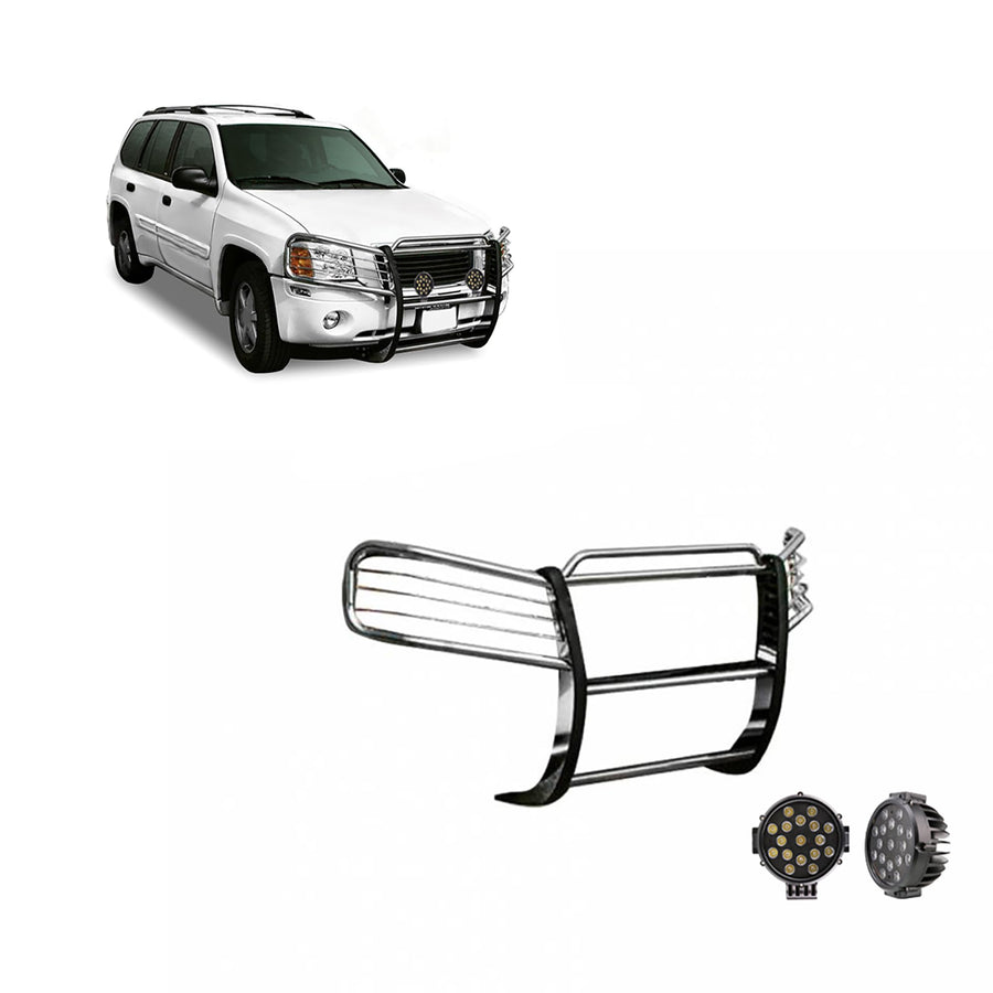 Grille Brush Black Horse Bumper Guard Modular Stainless Steel Come with Pair of 7.0" Dia.LED Lights with Black Trim Rings Compatible with 2002-2009 GMC Envoy-17GD26MSS-PLB