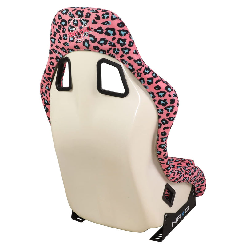 NRG Innovations Prisma FRP-303-PK-SAVAGE Fixed Back Bucket Racing Seat with Bottom Mount Bracket,Pink Savage Cheetah/White Pearl Back