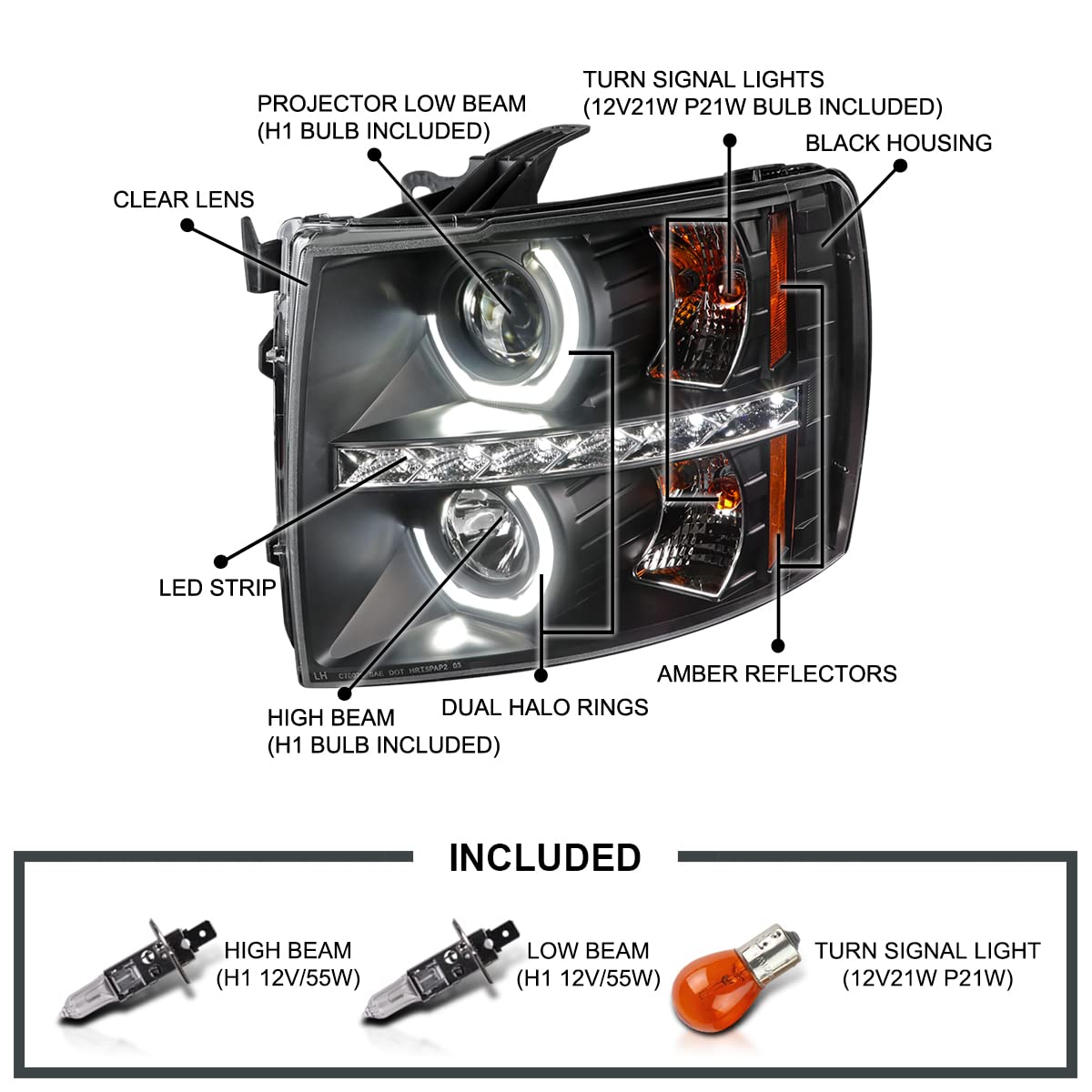 Black Halo Projector Headlights Spec-D Tuning w/LED Compatible with 2007-2013 Chevy Silverado 1500, 2007-2014 Chevy Silverado 2500HD/3500HD, Left + Right Pair Headlamps Assembly