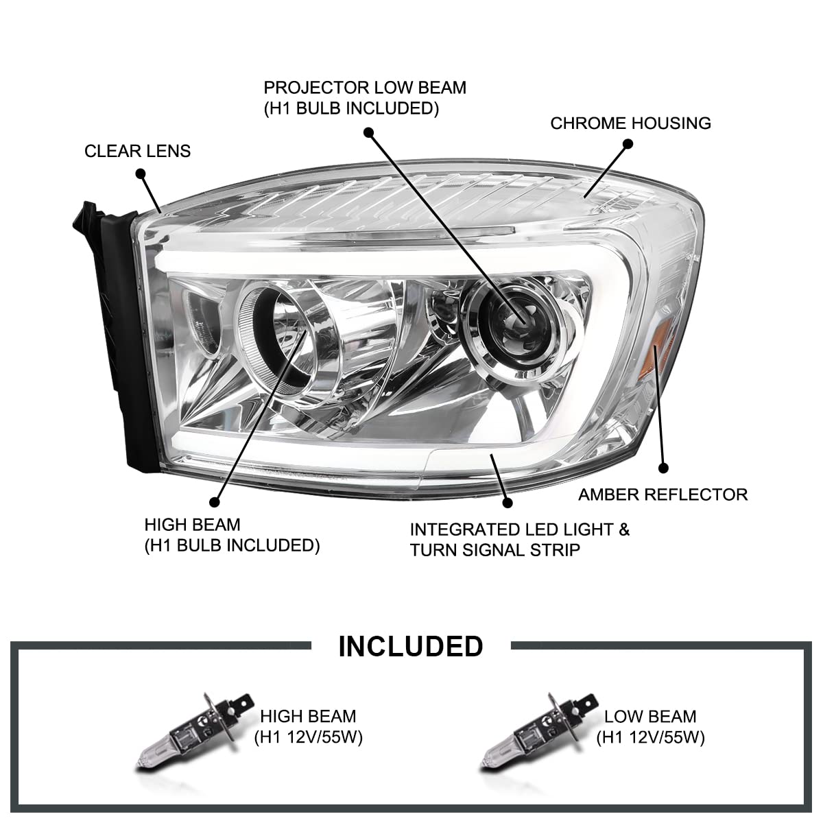Chrome Projector Headlights SPEC-D TUNING w/Switchback LED Light Bar Compatible with 2006-2008 Dodge Ram 1500, 2500, 3500, Left + Right Pair Headlamps Assembly