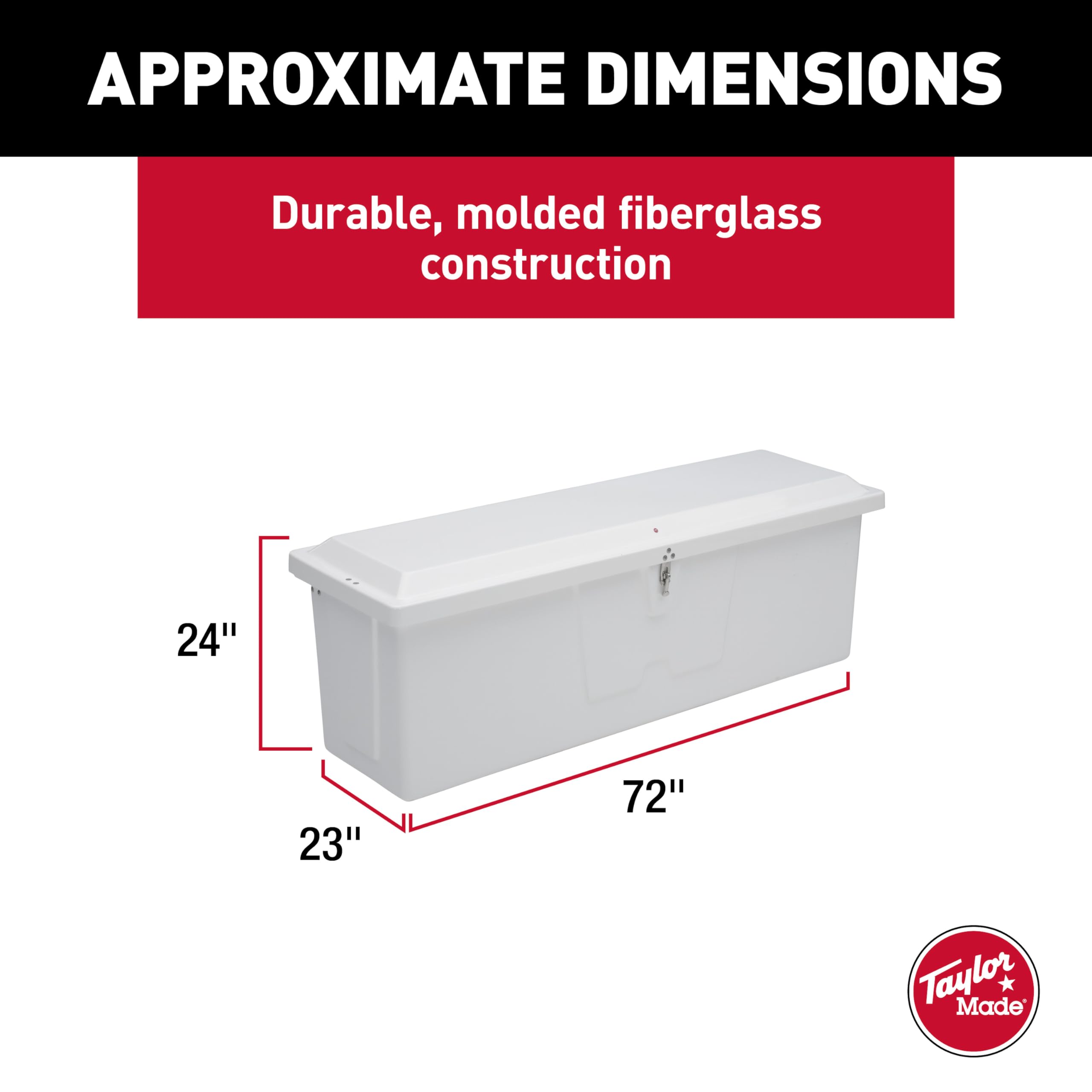 Stow 'N Go Medium Fiberglass Dock Box TAYLOR MADE PRODUCTS, White (24"H x 72"W x 23"D) – Fiberglass construction, UV gelcoat finish, stainless steel lockable latch and hardware – 2020108642