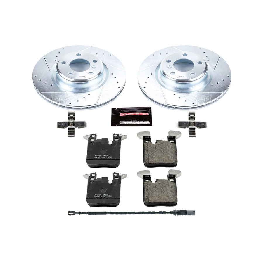 Power Stop K6657 Z23 Rear Carbon Fiber Brake Pads with Drilled & Slotted Brake Rotors Kit and 1 Rear Sensor Wire