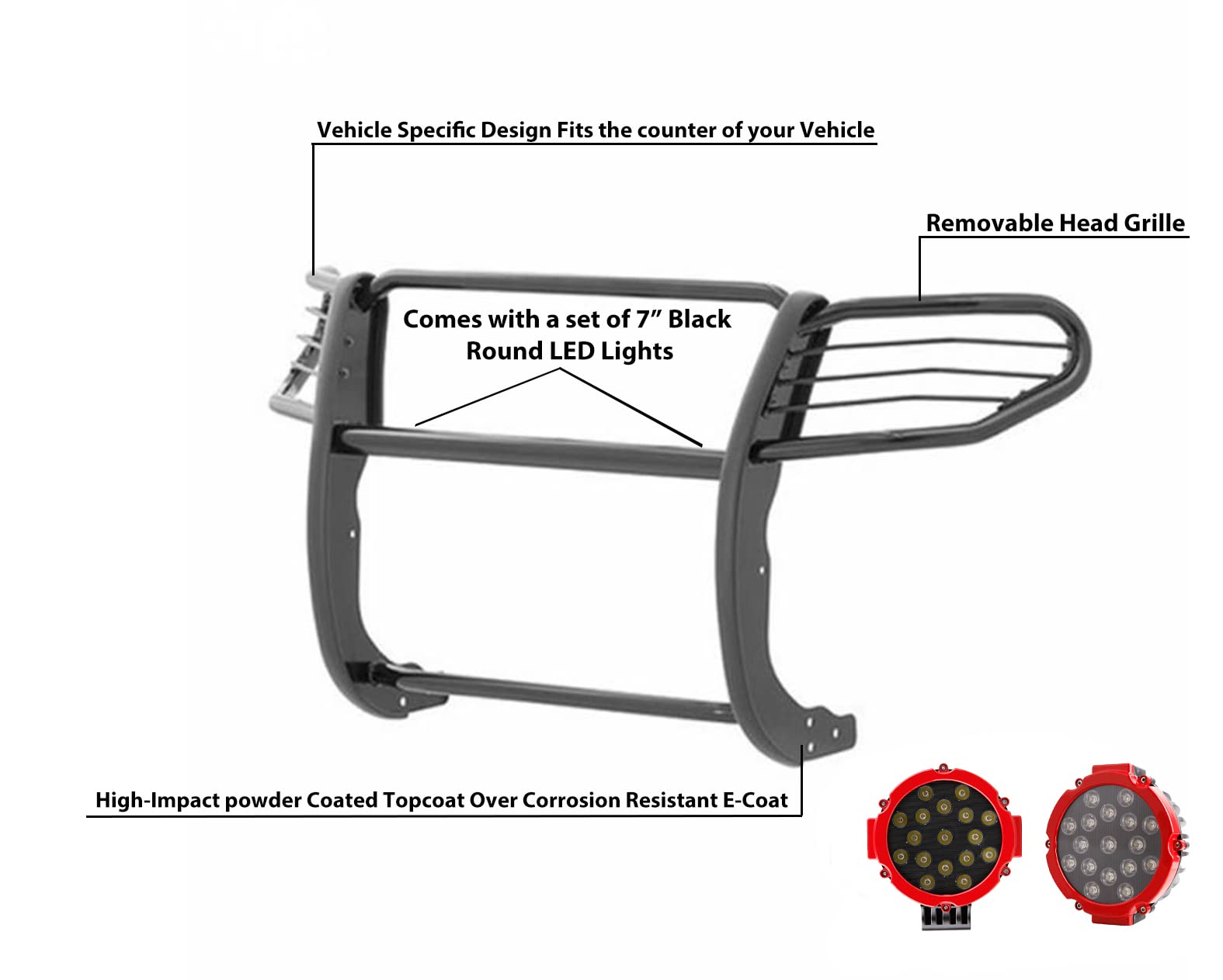 Bumper Guard Black Horse Grille brush Modular Semi-Gloss Black Come With pair of 7.0"Dia.LED Lights with Red Trim Rings Compatible with 2007-2014 Ford Expedition-17FP31MA-PLR