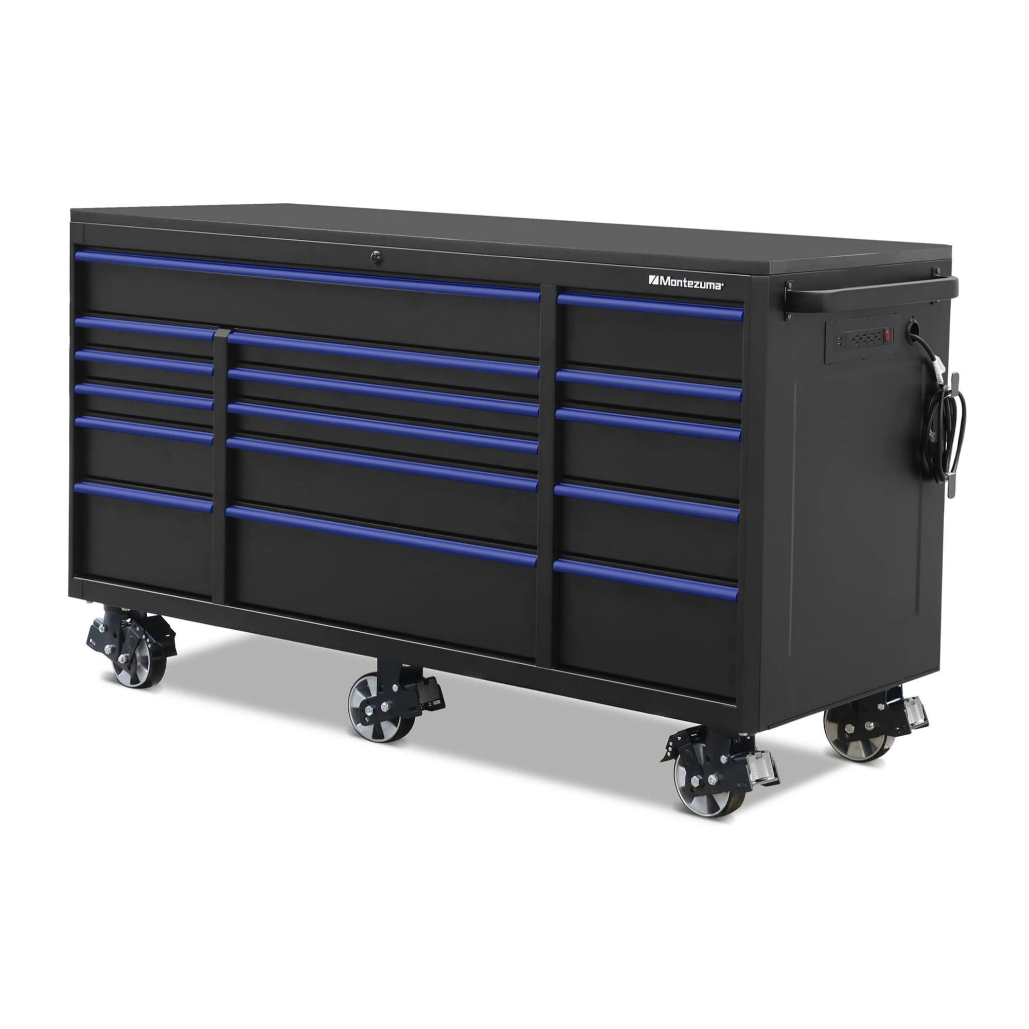 Montezuma Tool Box - 72" x 30" Rolling Tool Cabinet with 16 Drawer Multiple Power Outlets & Black Powder Coat Finish - M723016TC