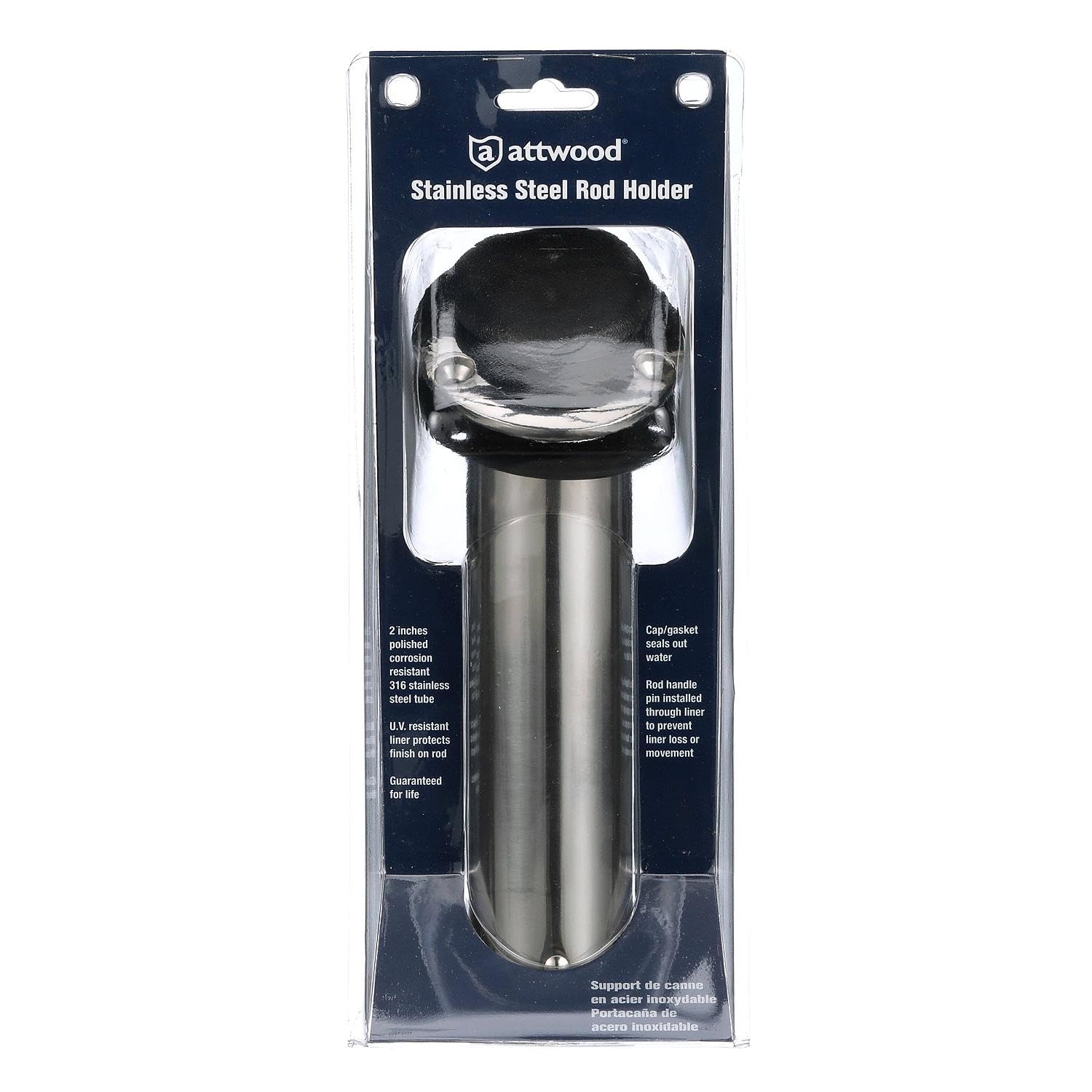 Stainless Steel Attwood 66362-7 Flush Mount Rod Holder, 2-Inch Diameter, 7 ½ Inches Long, 30-Degree Top Flange, Open Base End