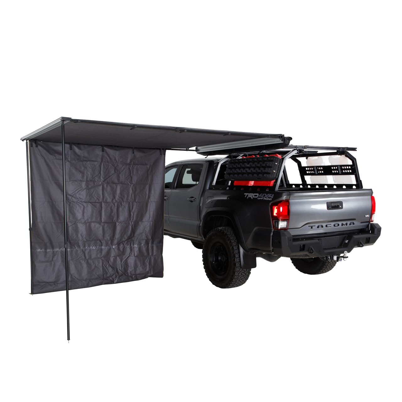 Nomadic 6.5’ Awning Overland Vehicle Systems HD Side Shade Wall - 280G Poly Cotton Rip Stop Grey Body, Green Trim - Velcro Attachment - Included Storage Bag