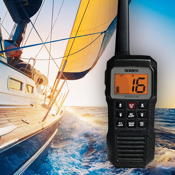 Atlantis 155 Uniden Handheld Two-Way VHF Marine Radio, Floating IPX8 Submersible Waterproof, Dual-Color Screen, All USA/International/Canadian Marine Channels, NOAA Weather Alert, 10 Hour Battery