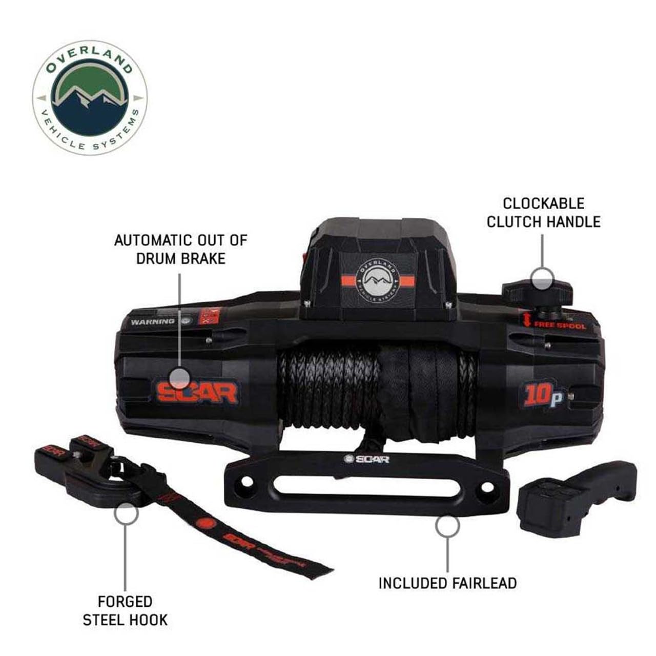 Scar Off Road Overland Vehicle Systems 19099901 12V Electric Winch with Synthetic Rope & Wireless Remote - 10,000 lb Pulling Capacity - Waterproof IP68 Rated - Perfect for Off-Road Recovery