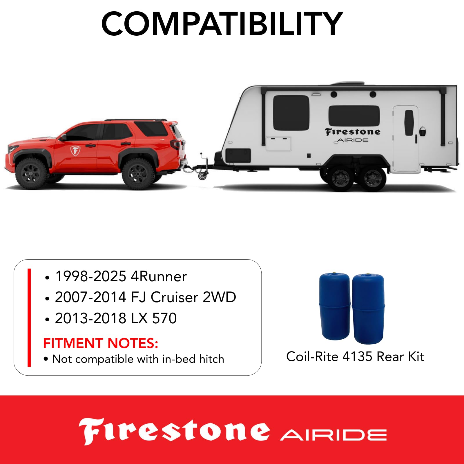 Firestone 4135 Airide Coil-Rite Rear Springs Kit fits 2007-2014 FJ Cruiser & 1998-2026 4Runner | 3-35 PSI | Load Capacity of 1,000 Pounds | No Drill Installation
