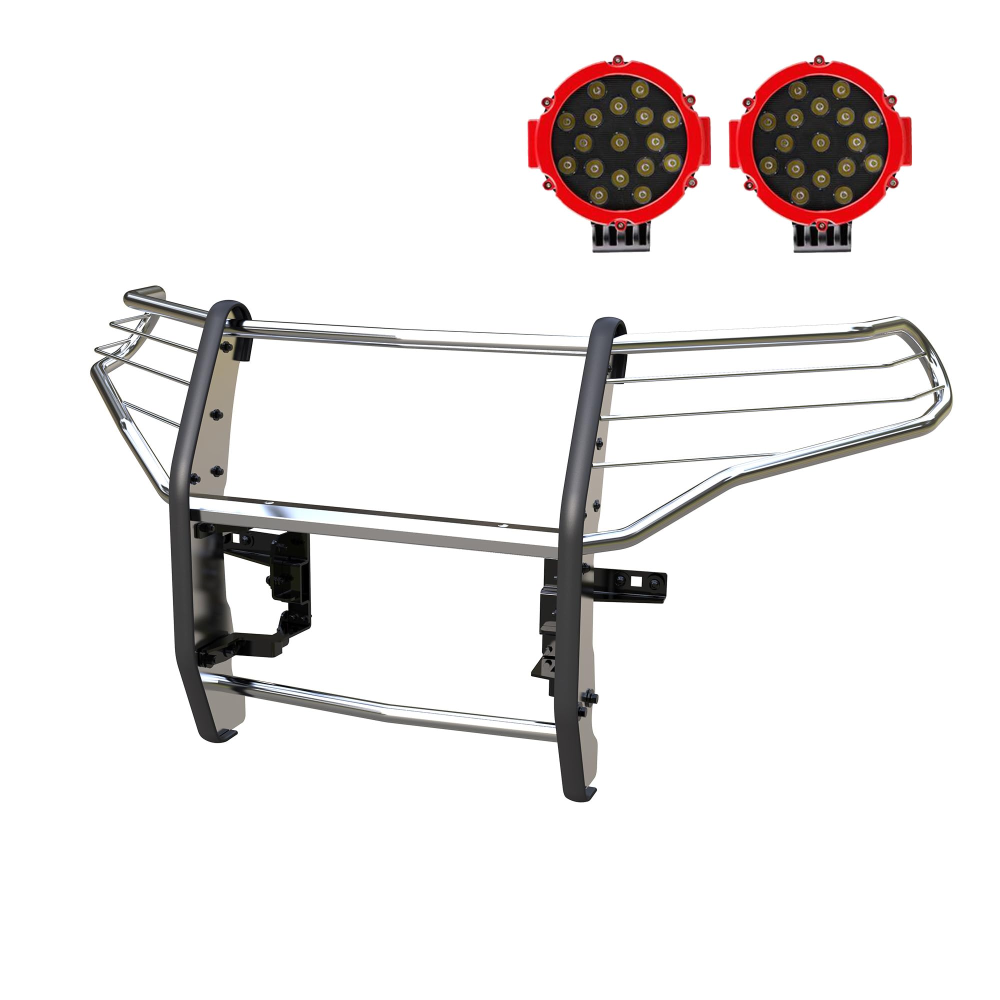 Grille Guard Kit Black Horse Modular Stainless Steel Incl. Pair of 7.0" Dia. LED Lights w/Red Trim Rings w/Wiring Harness and Switch Compatible with 2020-2024 Ford Explorer