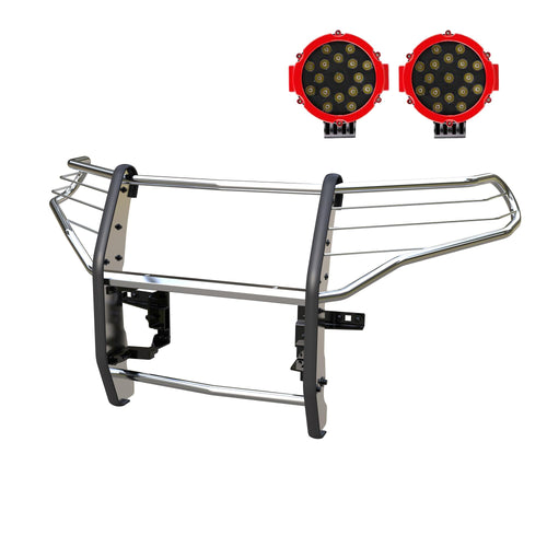 Grille Guard Kit Black Horse Modular Stainless Steel Incl. Pair of 7.0" Dia. LED Lights w/Red Trim Rings w/Wiring Harness and Switch Compatible with 2020-2024 Ford Explorer