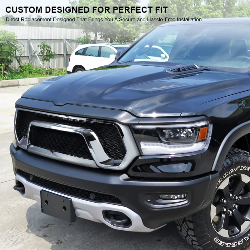 Chrome Shell Spec-D Tuning Glossy Black Mesh Front Bumper Hood Grille Compatible with 2019-2024 Ram 1500