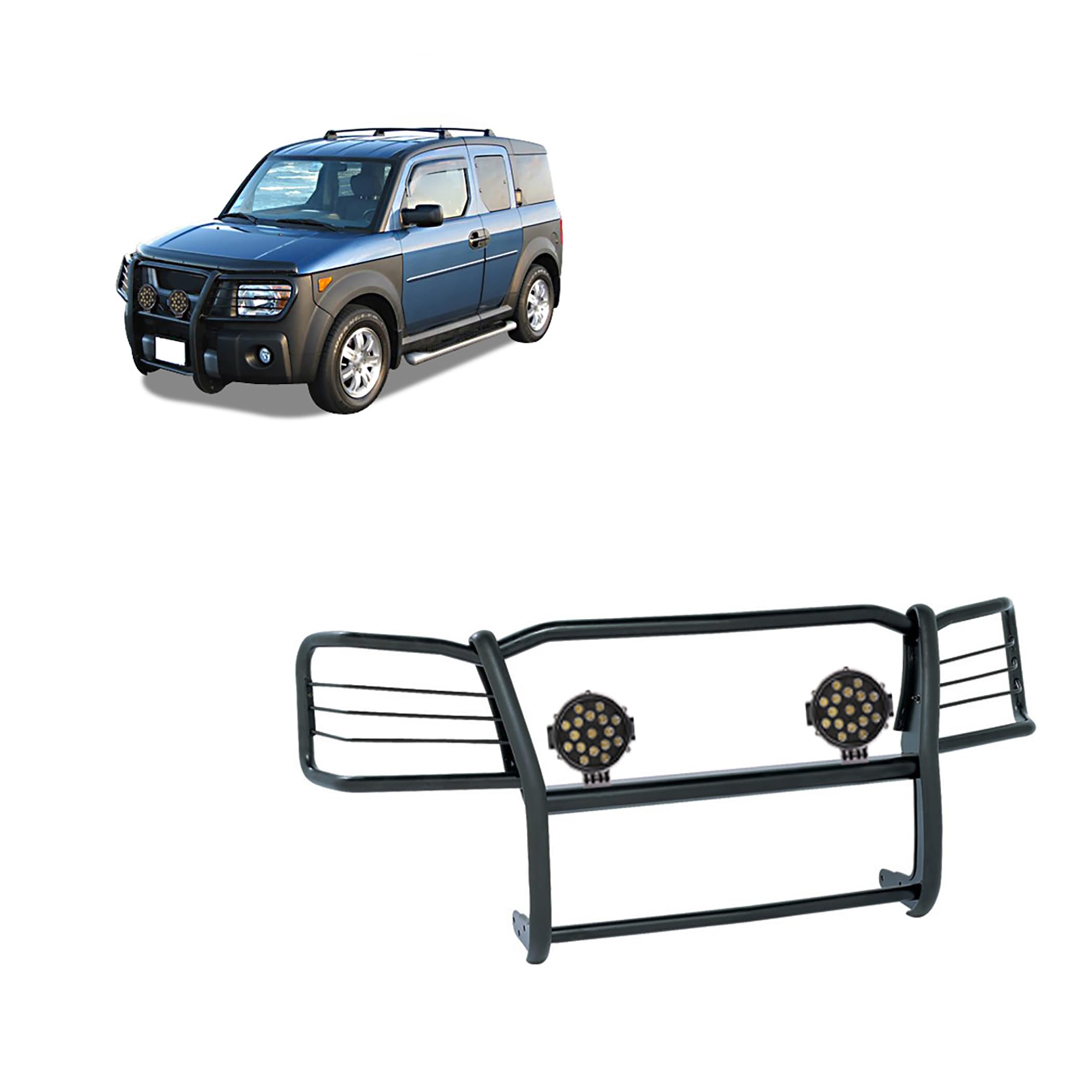Bumper Guard Modular Black Horse Grille brush Come With pair of 7.0"Dia.LED Lights with Black Trim Rings Compatible with 2003-2008 Honda Element-17A155900MA-PLB