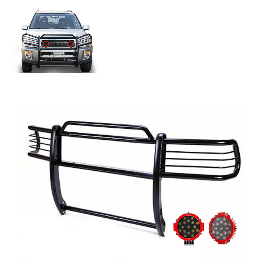 Bumper Guard Modular Black Black Horse Grille brush Come With pair of 7.0"Dia.LED Lights with Red Trim Rings Compatible with 2001-2005 Toyota RAV4-17TH26MA-PLR