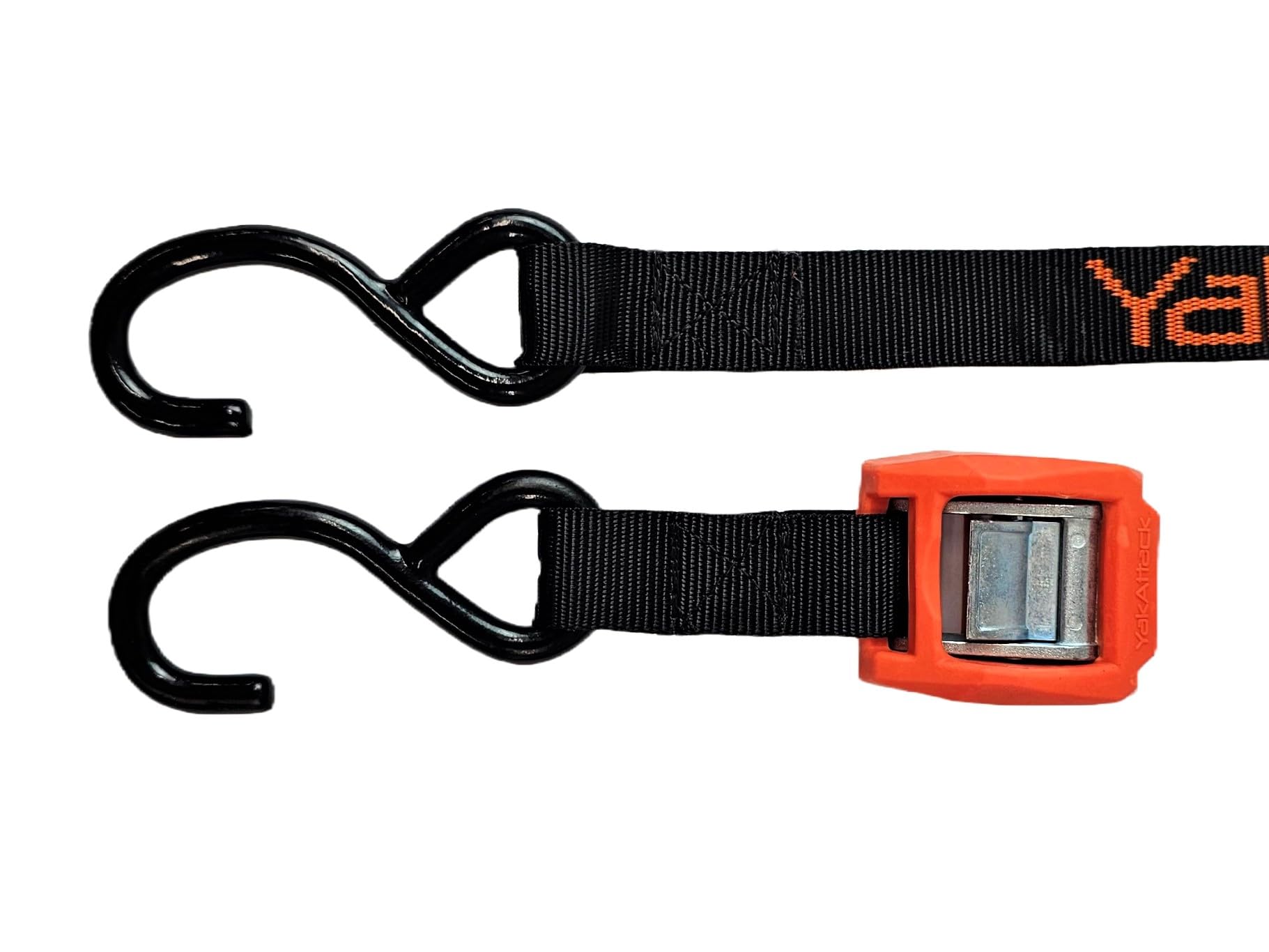 15' YakAttack J-Hook Cam Strap | Heavy Duty Polyester Kayak Tie Down with Rubber-Coated Hooks & Protective Buckle Cover | 1” Wide, Single Pack | Black/Orange