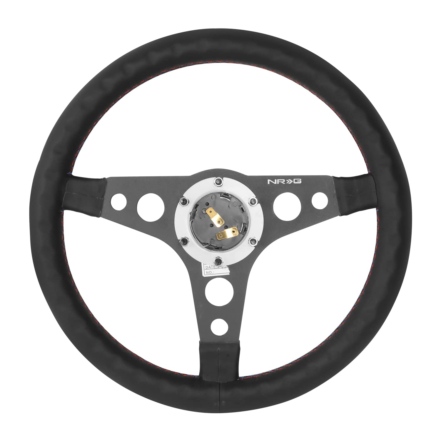 NRG Innovations 350mm Black Leather Reinforced Sport Steering Wheel NRG-RST-068BK, 3 Black Spokes with Stitching and non Deep Dish