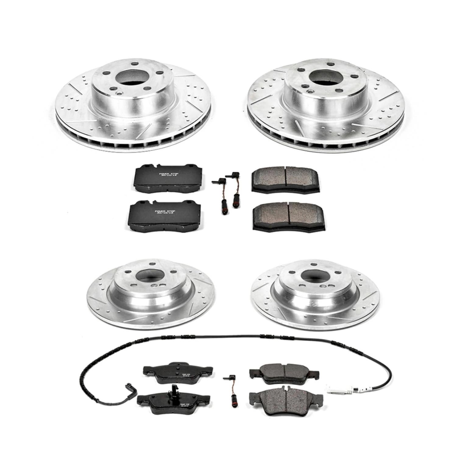 Power Stop K6229 Z23 Carbon Fiber Brake Pads Front and Rear with Drilled & Slotted Brake Rotors Kit and 2 Front & 1 Rear Sensor Wires For Mercedes-Benz CL500, Mercedes-Benz S430 [Model Specific]