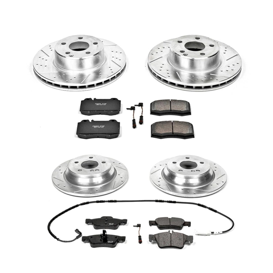 Power Stop K6229 Z23 Carbon Fiber Brake Pads Front and Rear with Drilled & Slotted Brake Rotors Kit and 2 Front & 1 Rear Sensor Wires For Mercedes-Benz CL500, Mercedes-Benz S430 [Model Specific]