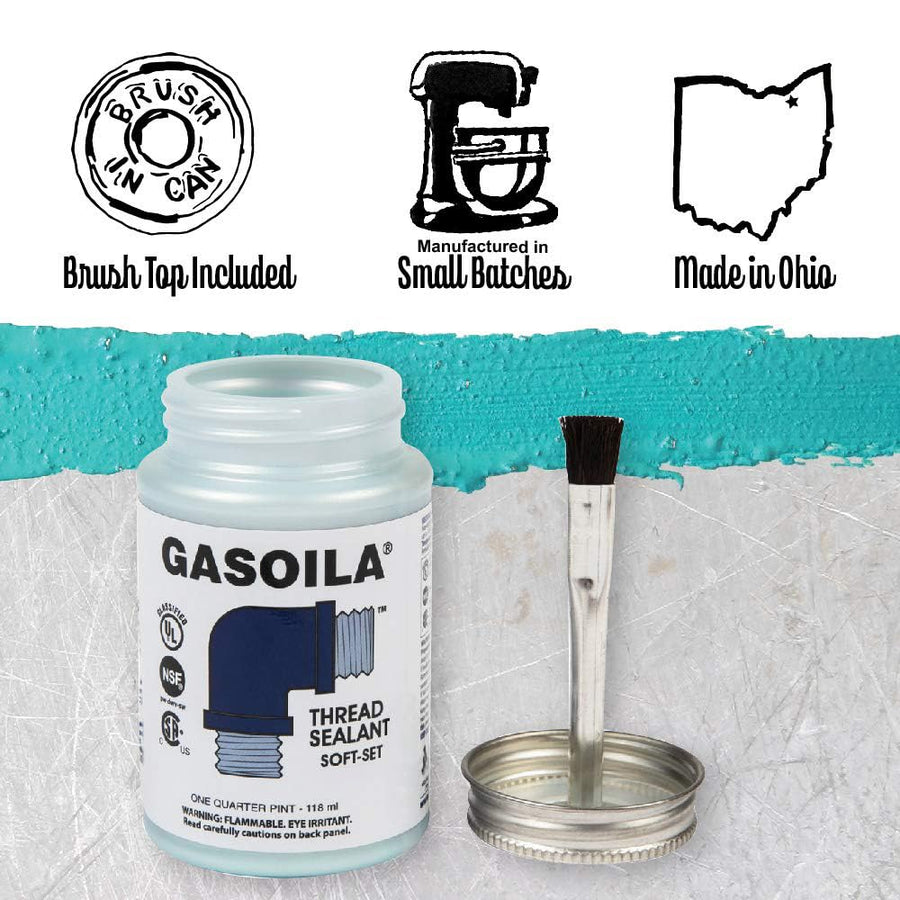 Soft-Set Gasoila Pipe Thread Sealant – Non-Hardening Paste for Metal & Plastic, 1/4 Pint with Brush Cap – Reliable Leak Prevention, Drip-Resistant, Temp Range -100 to 600°F, Made in USA