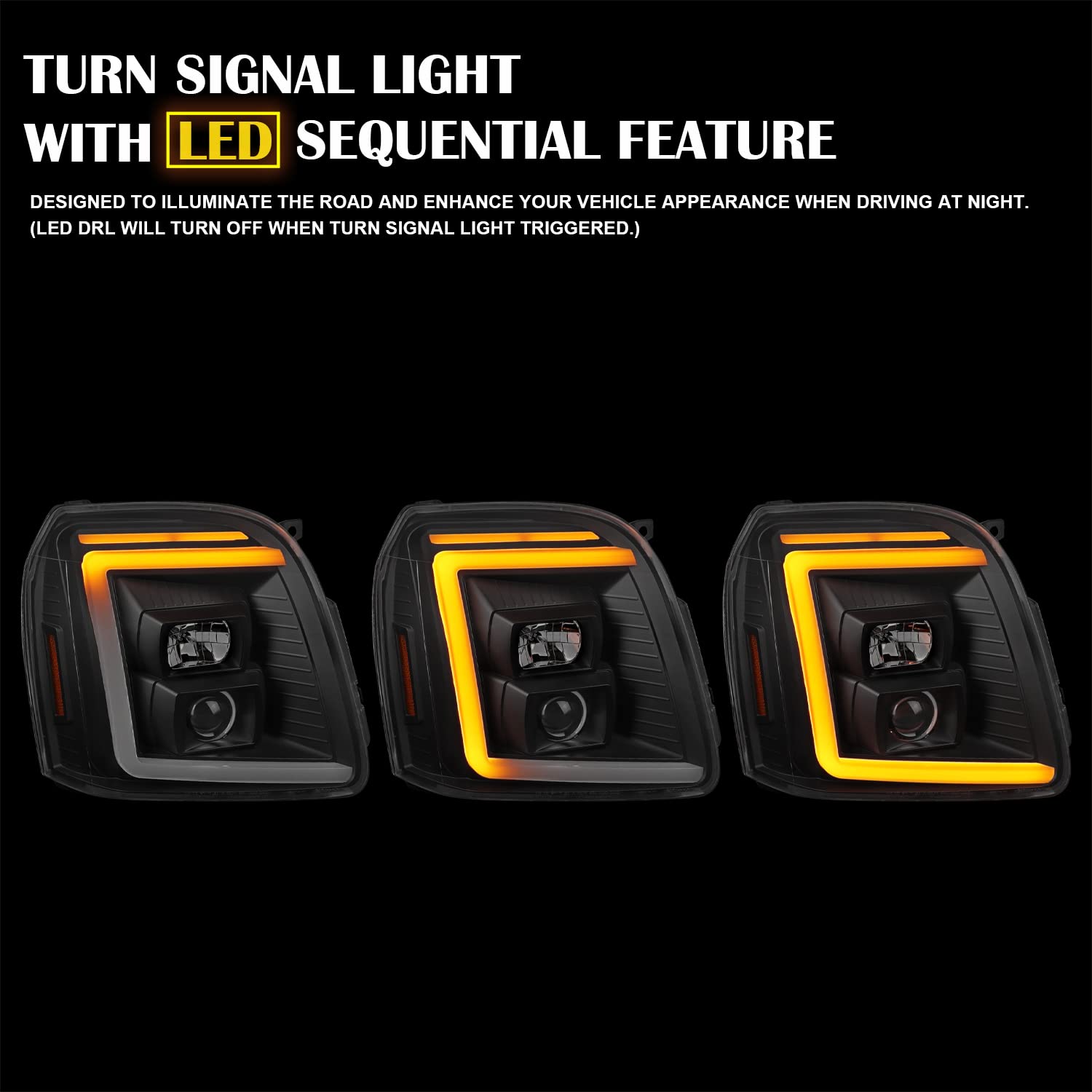 Black SPEC-D TUNING Sequential LED Signal Tube Projector Headlights Compatible with 2007-2014 GMC Yukon/Yukon XL Denali 1500 2500, Left + Right Pair Headlamps Assembly