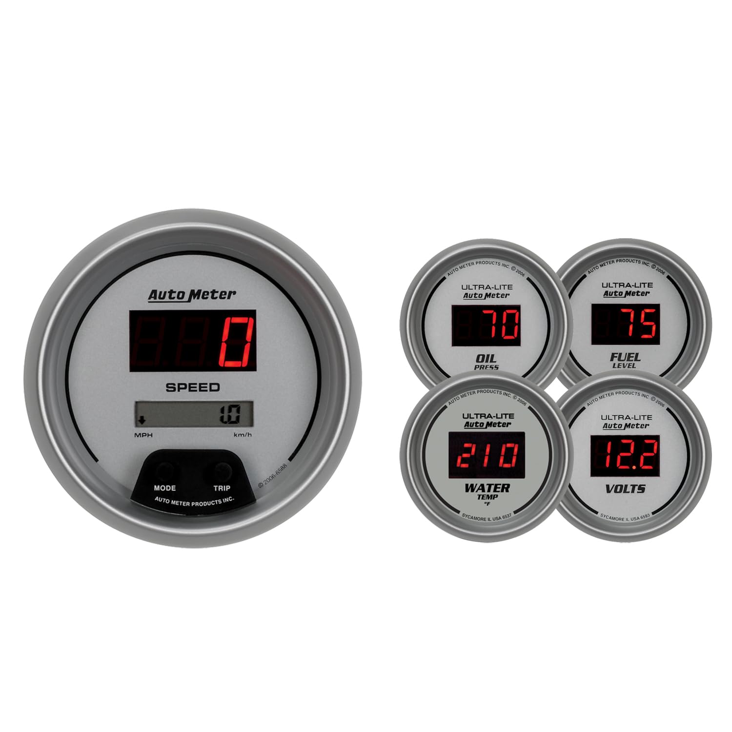 Auto Meter 6500 Digital Ultra-Lite 160 MPH / 100 PSI / 100-250 deg. F / 8-18V / 0-280 Water Temp. Volts and Programm. Fuel Level Digital Programmable Electric Speedometer and Electric Oil Pressure Kit Box
