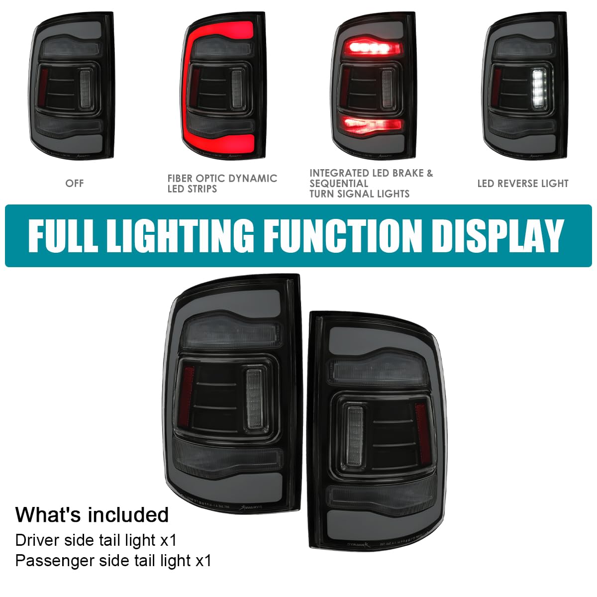 Black Smoke SPEC-D TUNING Sequential Tail Lights w/White LED Strip and Startup Animation Compatible with 2013-2018 Ram 1500 2500 3500, Left + Right Pair Assembly