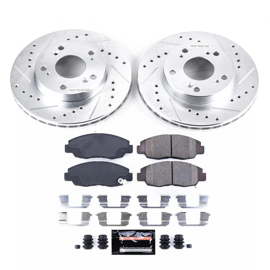 Brake Kit Power Stop For 2006 2007 2008 2009 2010 2011 Honda Civic DX LX LX-S EX EX-L Front Z23 Carbon Fiber Brake Pads with Drilled and Slotted Brake Rotors K2384