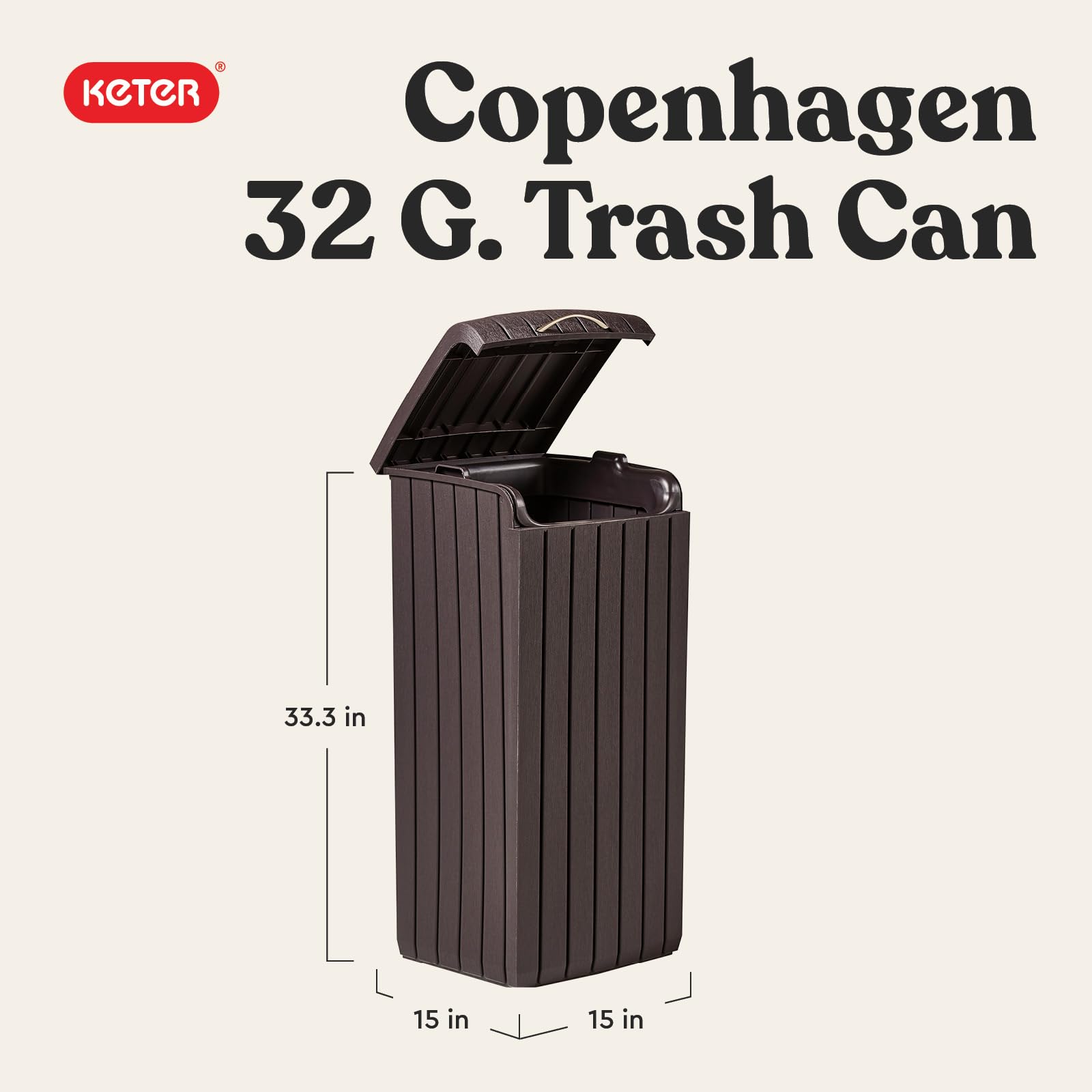 Keter 32 Gallon Copenhagen Resin Large Trash Can with Lid for Patio and Outdoor Kitchen, Brown