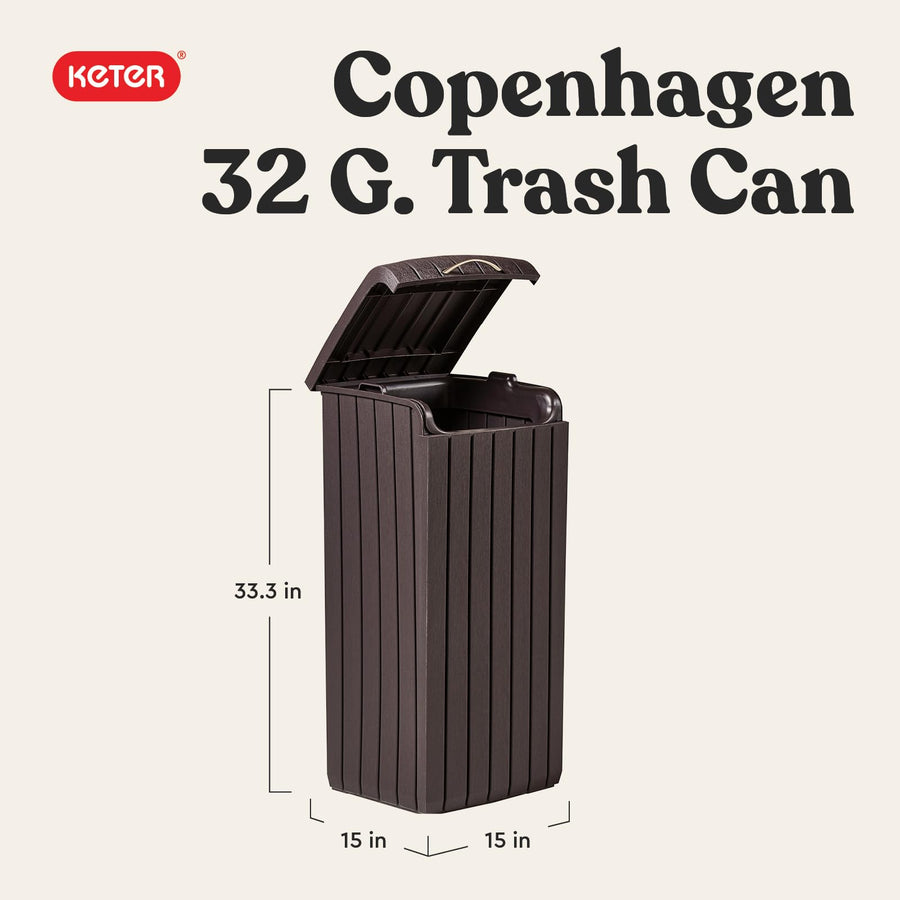 Keter 32 Gallon Copenhagen Resin Large Trash Can with Lid for Patio and Outdoor Kitchen, Brown