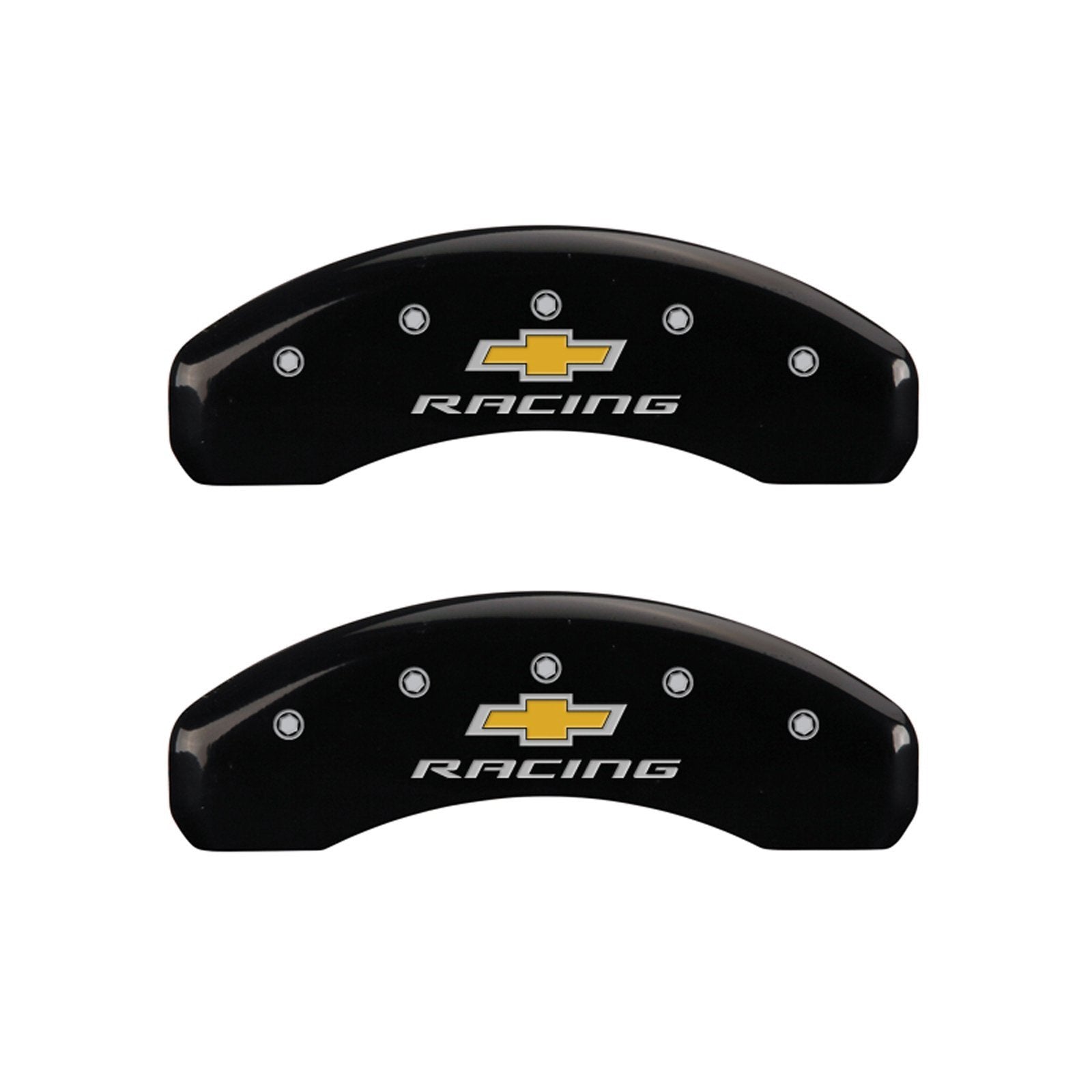 MGP Caliper Covers Front and Rear 14033SBRCBK Black Powder Coat Finish, Set of 4 (Chevy racing Silver Characters, Engraved)